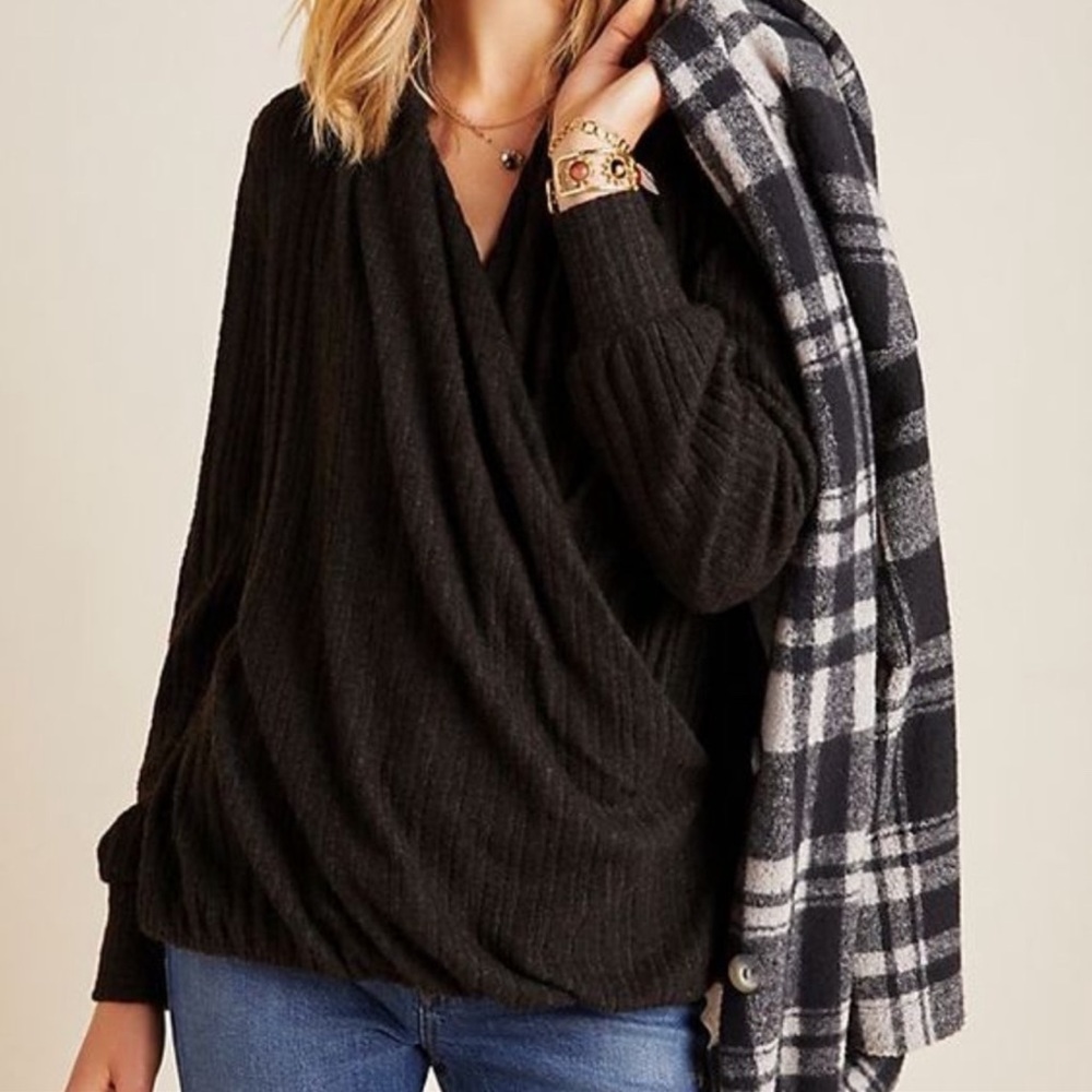 Anthropologie Maeve Rafaela Ribbed Sweater Faux Wrap Gray Brown Sz S